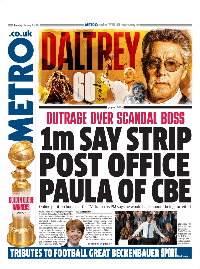 Metro front page headline reads: '1m say strip Post Office Paula of CBE'